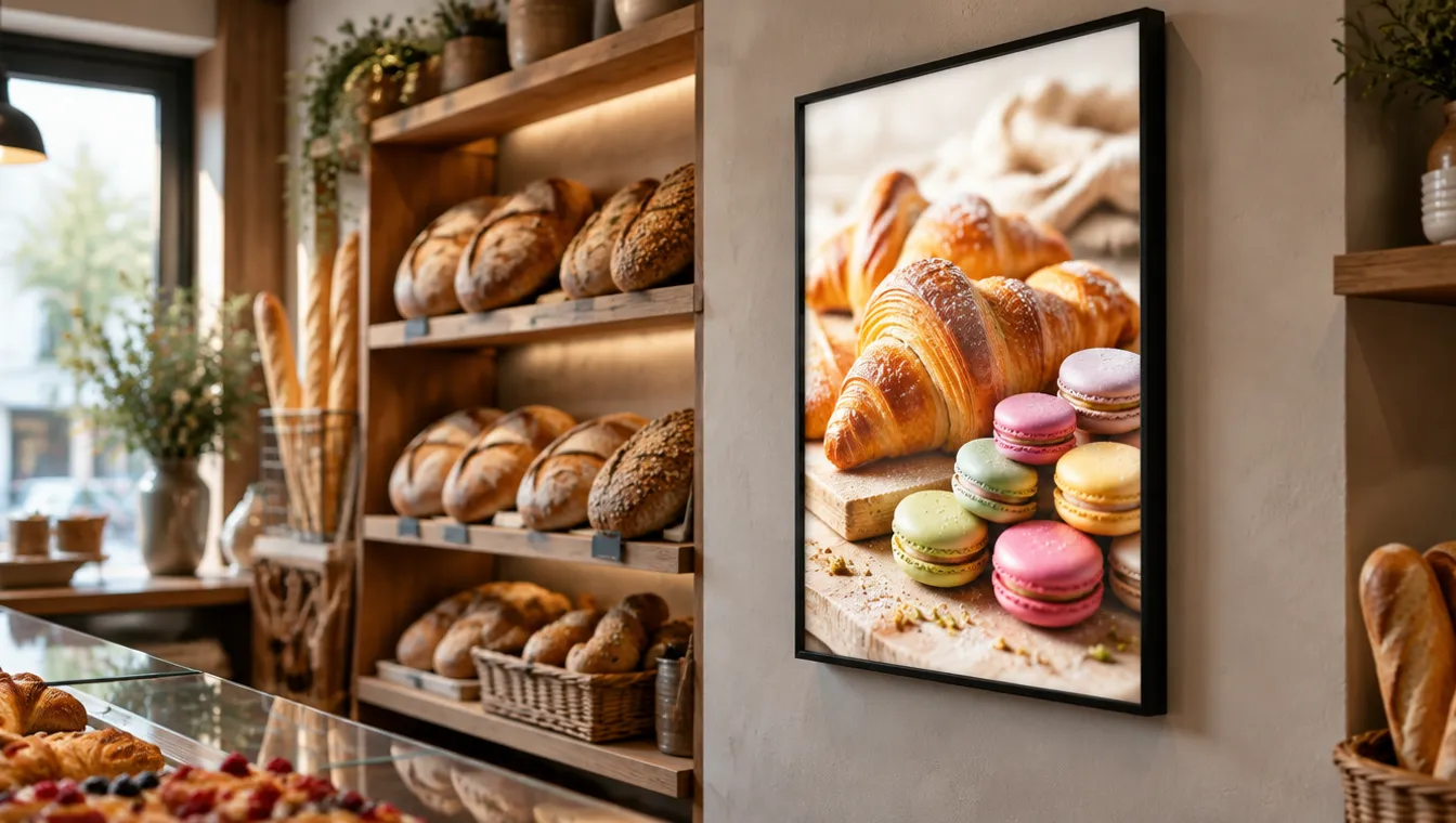Przykładowy plakat w ramce LEDMESEE — Świeże pieczywo i torty, które widać z drugiego końca sklepu.