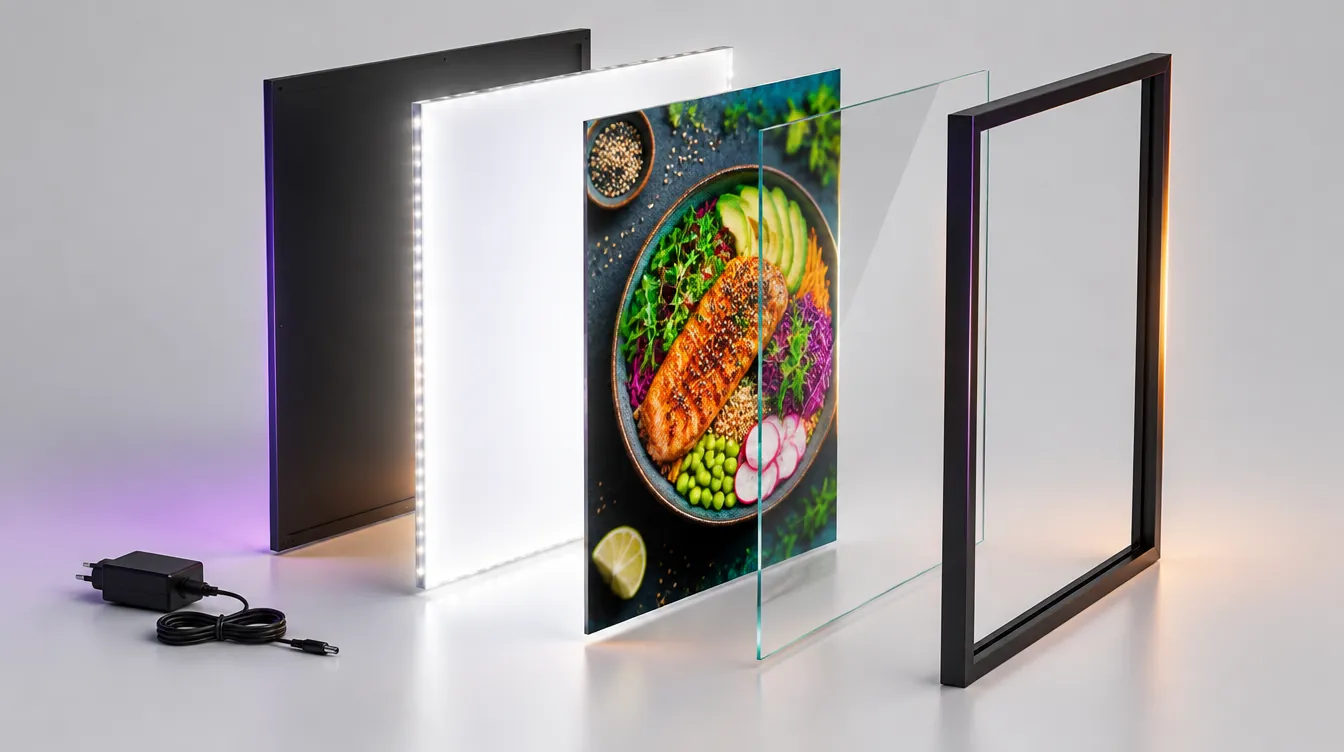 Vue éclatée d’un cadre LEDMESEE : boîtier, panneau LED, impression et verre