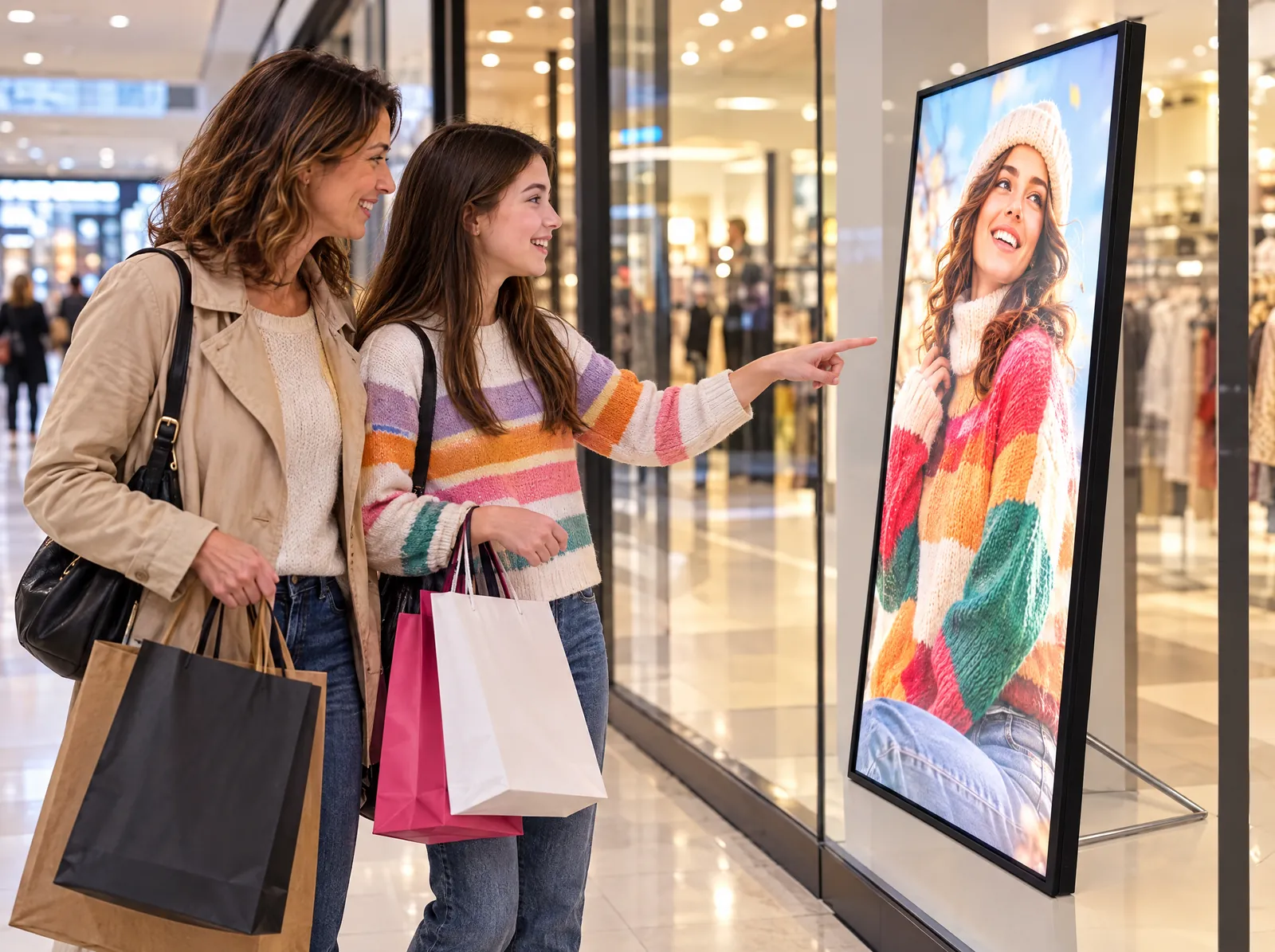 לקוחות ליד מסגרת LEDMESEE — חלון ראווה שמאפיל על כל הקניון.