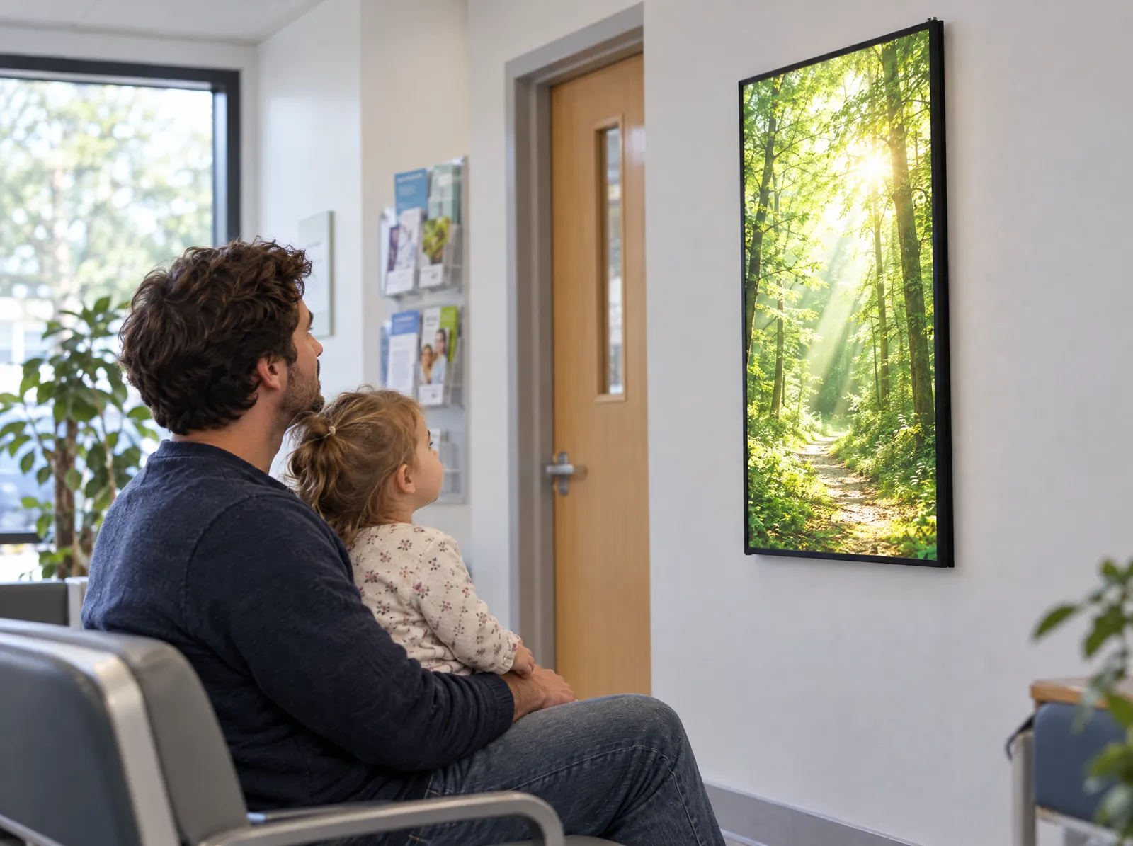 לקוחות ליד מסגרת LEDMESEE — מידע רגוע וברור במרחב של המטופל.