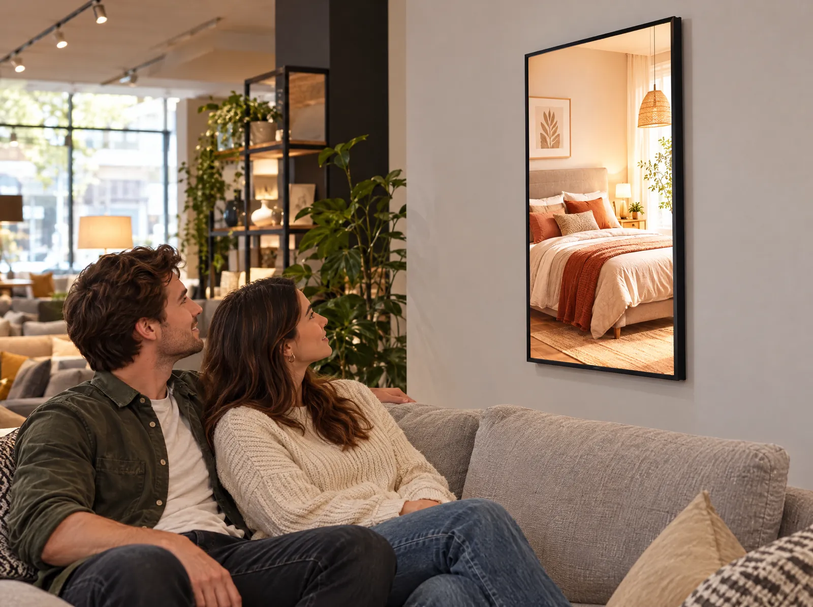 לקוחות ליד מסגרת LEDMESEE — הציגו סידור חדר שלא ייכנס לשטח החנות.