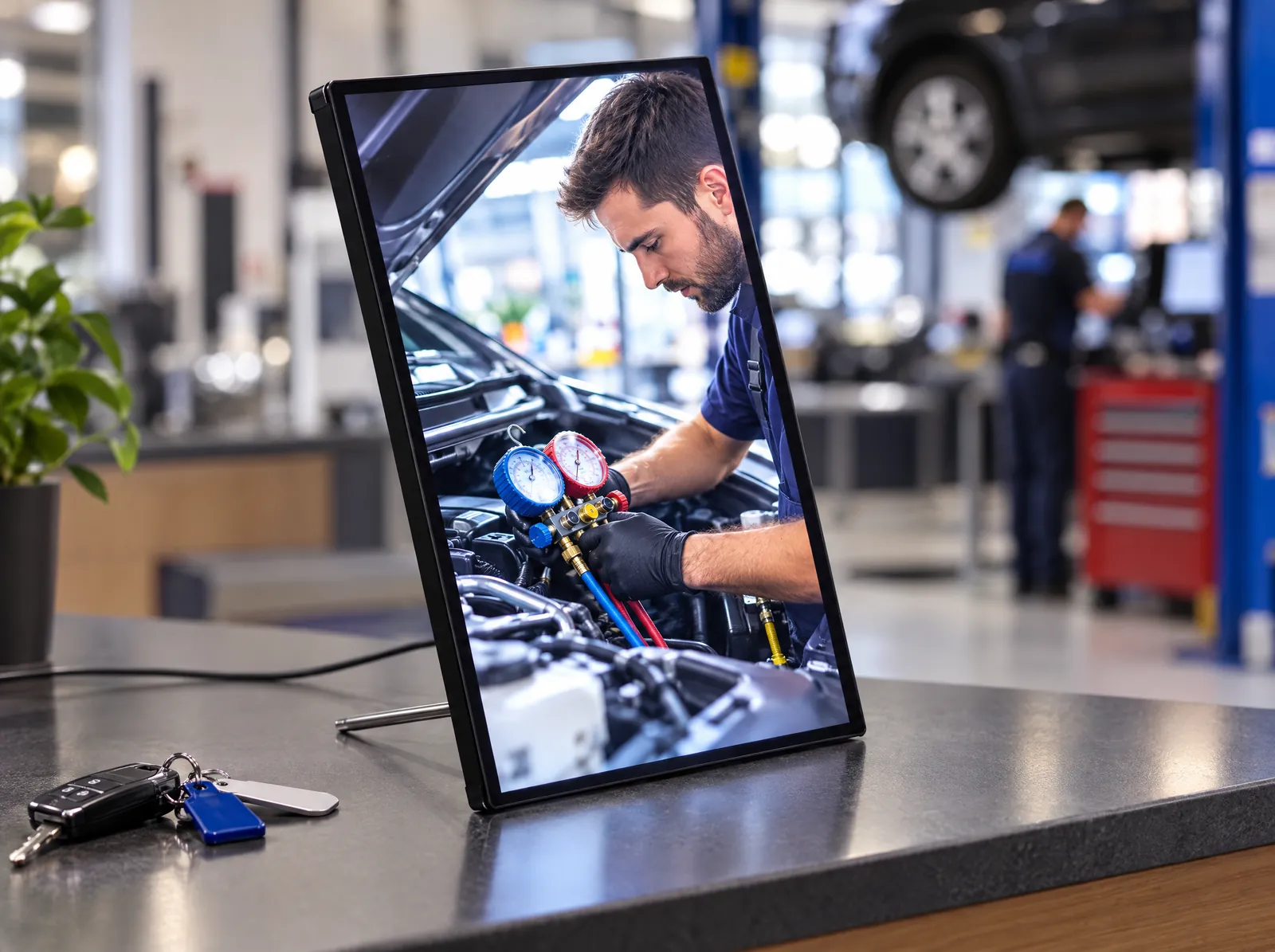 מסגרת LEDMESEE מקרוב — מחירון שהלקוחות קוראים בזמן שהם ממתינים לרכב.