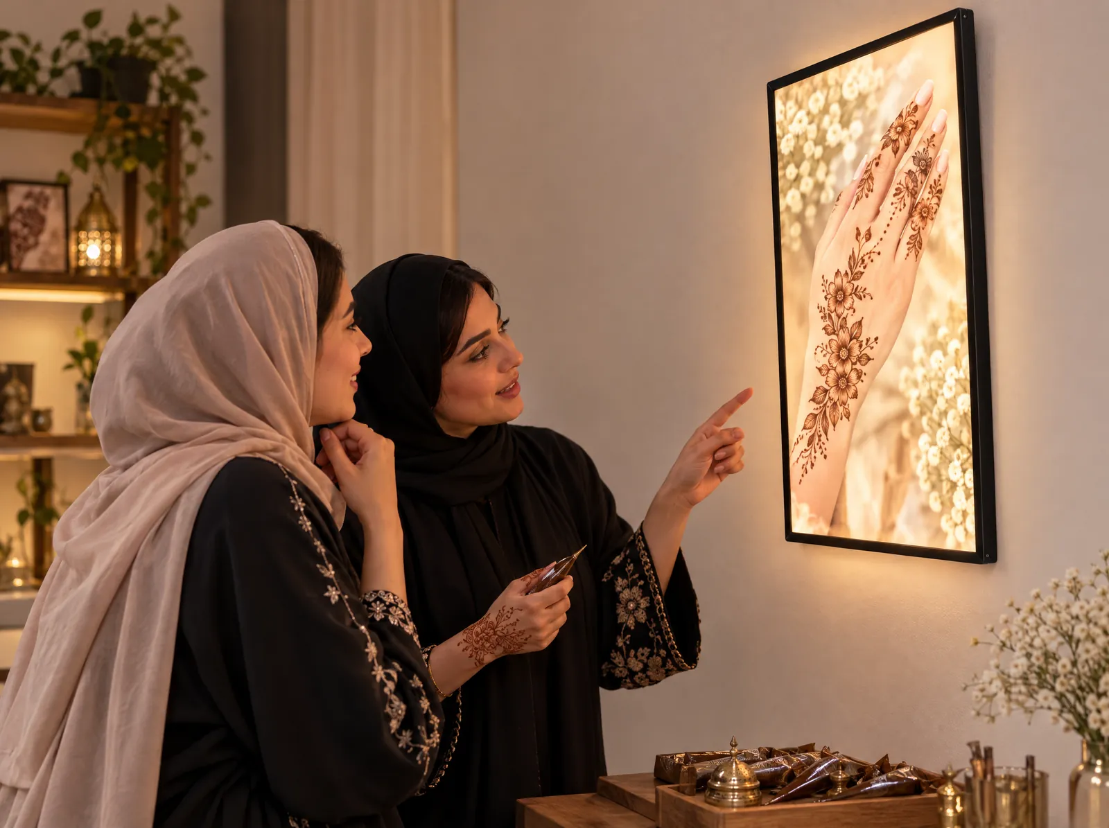 عملاء بجانب إطار LEDMESEE — نقوش الحناء لديك في ضوء المعارض الفنية.